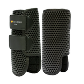 Black protective horse boot with perforated surface and Equilibrium logo on a white background